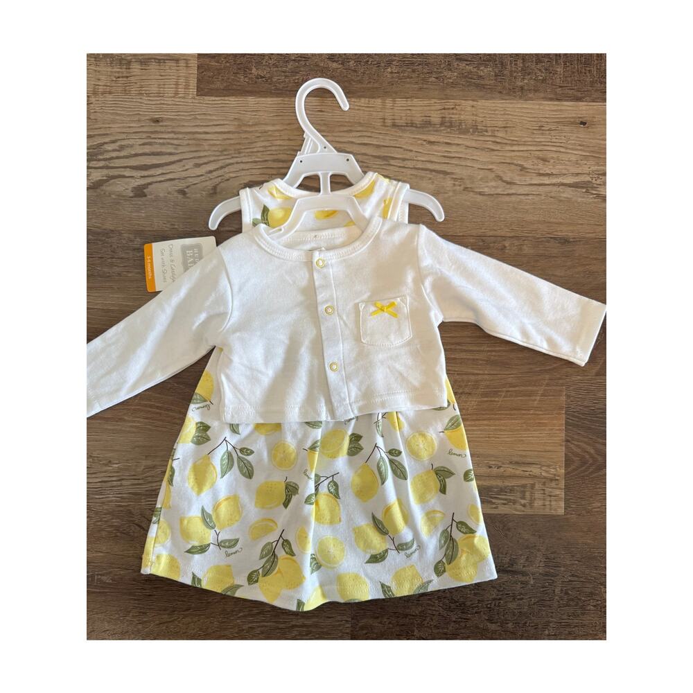 NWT Hudson Bay 3-6M Baby Girl Lemon Summer Dress And White Cardigan